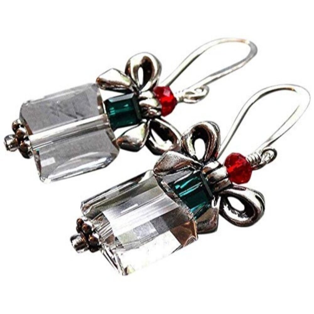 Handmade Glass Crystal Earrings, Silver Plated Christmas Present Charm